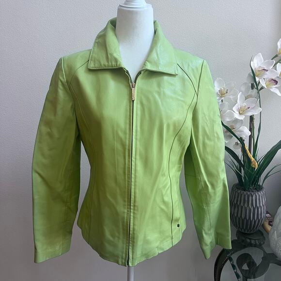 Vintage Y2K Black Rivet Apple Green Genuine Leather Full Zip Fitted Jacket M - Picture 1 of 8